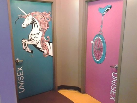 Unisex toilet door murals featuring unicorn and unicycle