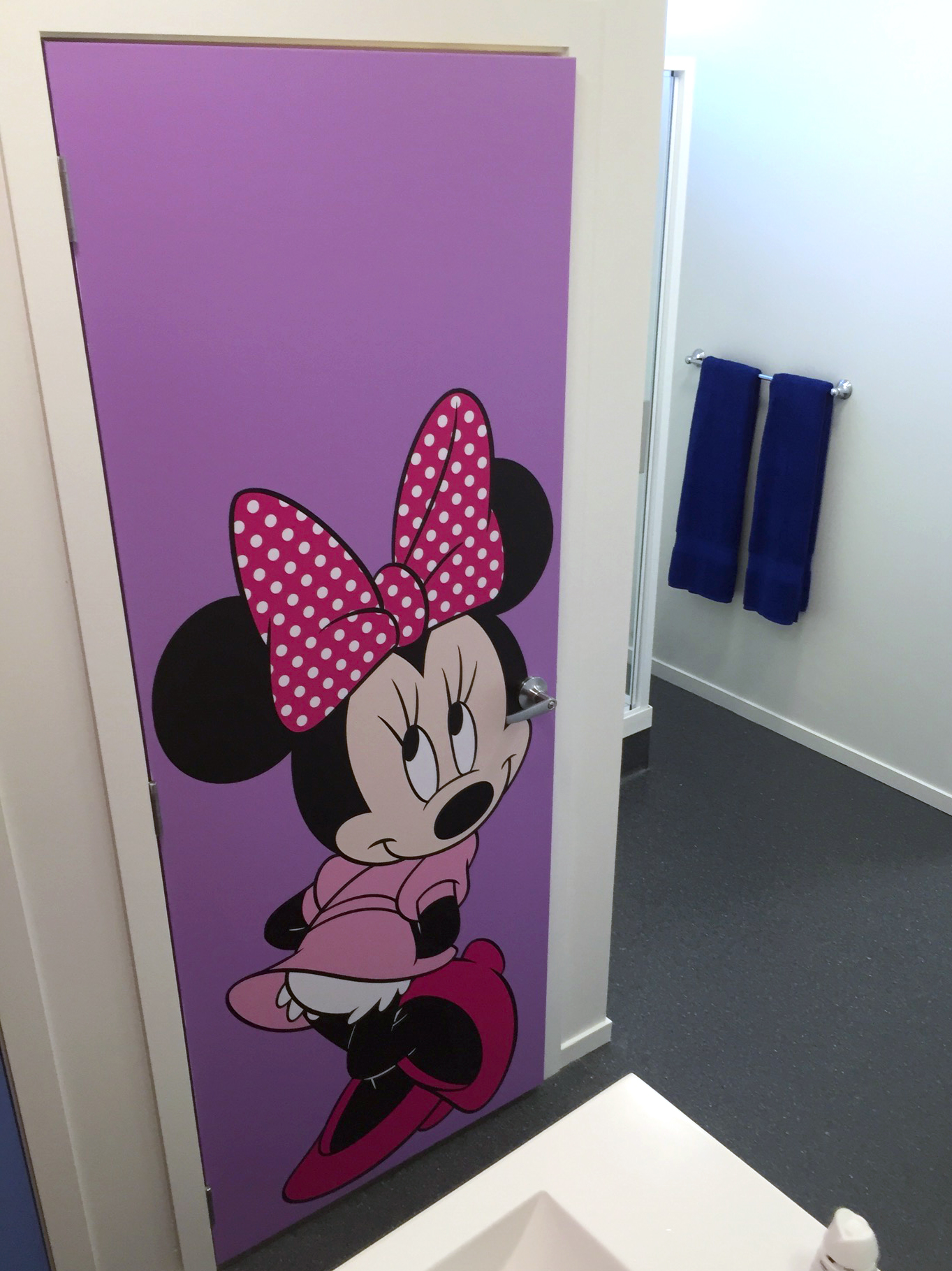 Toilet door with Minnie Mouse gender indicator