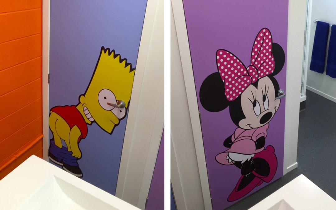 Minnie Mouse and Bart Simpson toilet door designs side by side