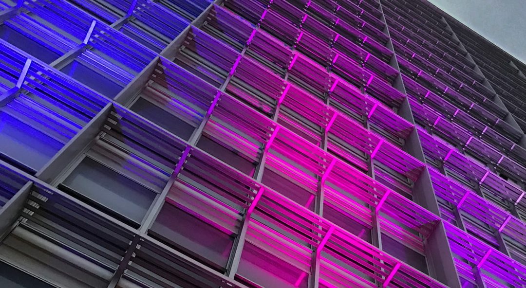 LED lit building frontage with purple and blue lights