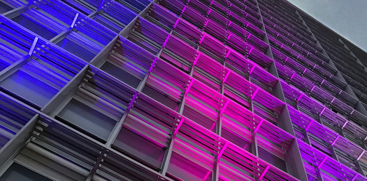 LED lit building frontage with purple and blue lights
