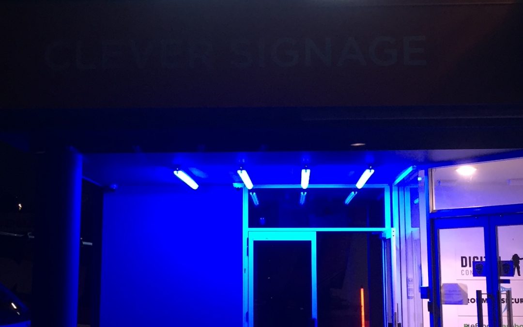 Blue lighting outside the BIG Signage front door