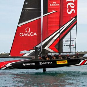 Team New Zealand yacht on foils, with signwriting applied by BIG Ideas