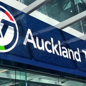 Auckland Transport signage, wrapped on the top of a doorway