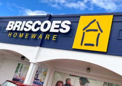 Outdoor signage for Briscoes mounted to store frontage