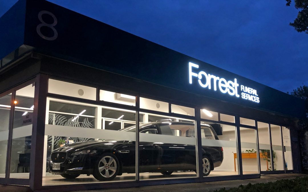 forrest funeral services illuminated signage